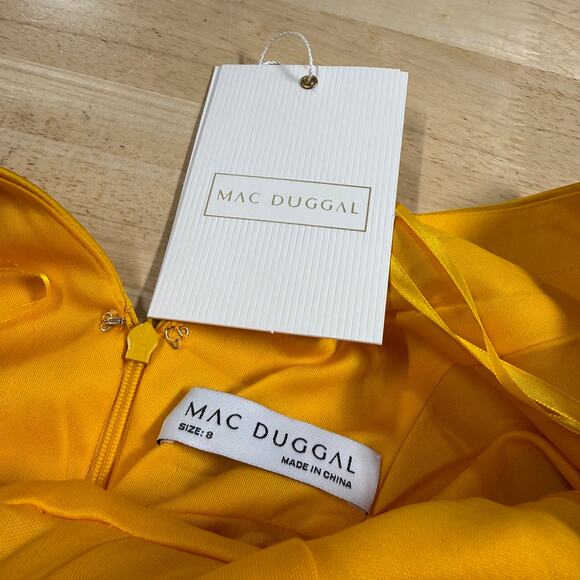 Mac Duggal NWT 12404 Yellow Faux Wrap Puff Shoulder Long Sleeve A-Line Gown Sz 8 - Picture 5 of 11
